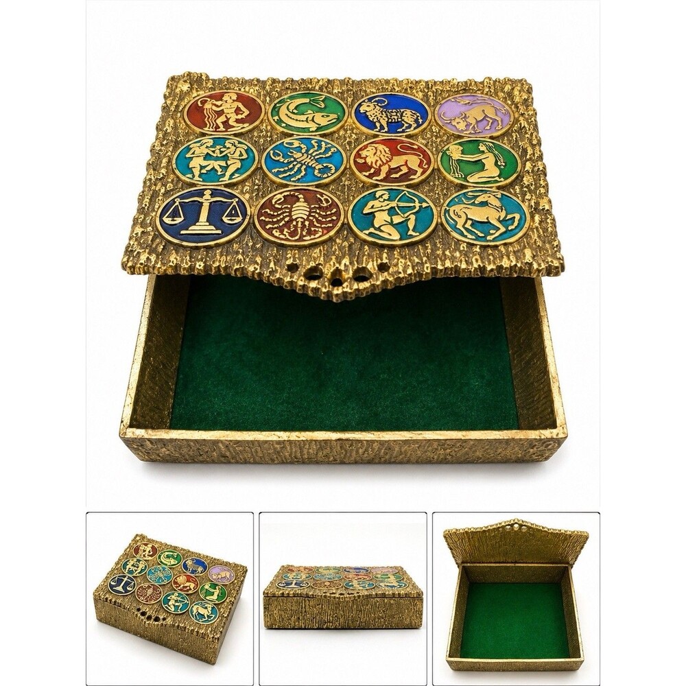 Vintage Brass Zodiac Trinket Box – Enamel Astrological Signs – Mid Century Decor